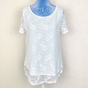 Leo & Nicole Ivory Lace Overlay Scoop Neck Short Sleeve Jersey Knit Top Womens M